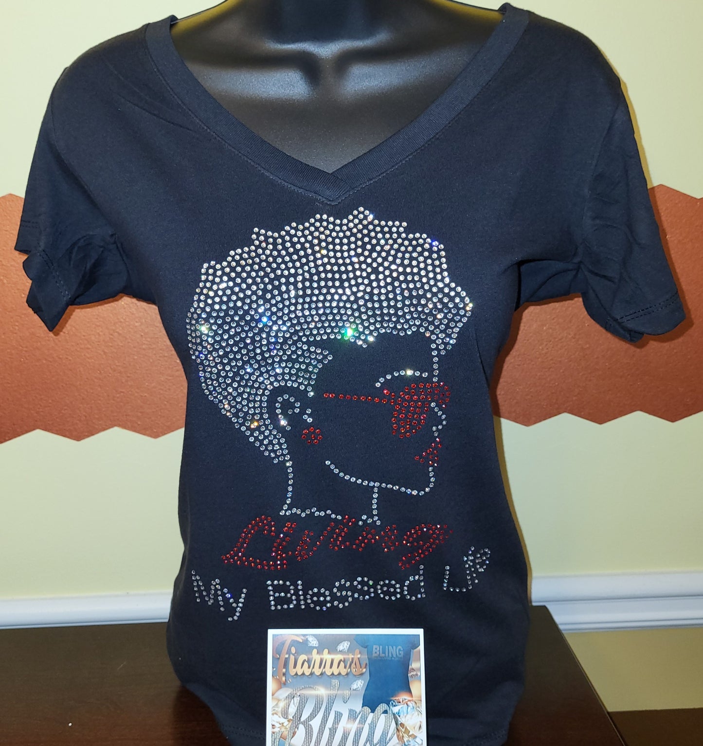 Afro Living My Blessed Life Rhinestone T-Shirt (Choose Your Accent Color)