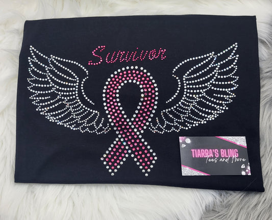 Breast Cancer Ribbon with Wings Rhinestone T-Shirt