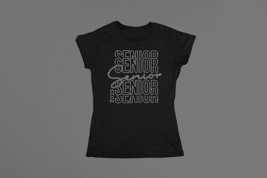 2023 Senior Stacked Design with Script Rhinestone T-Shirt