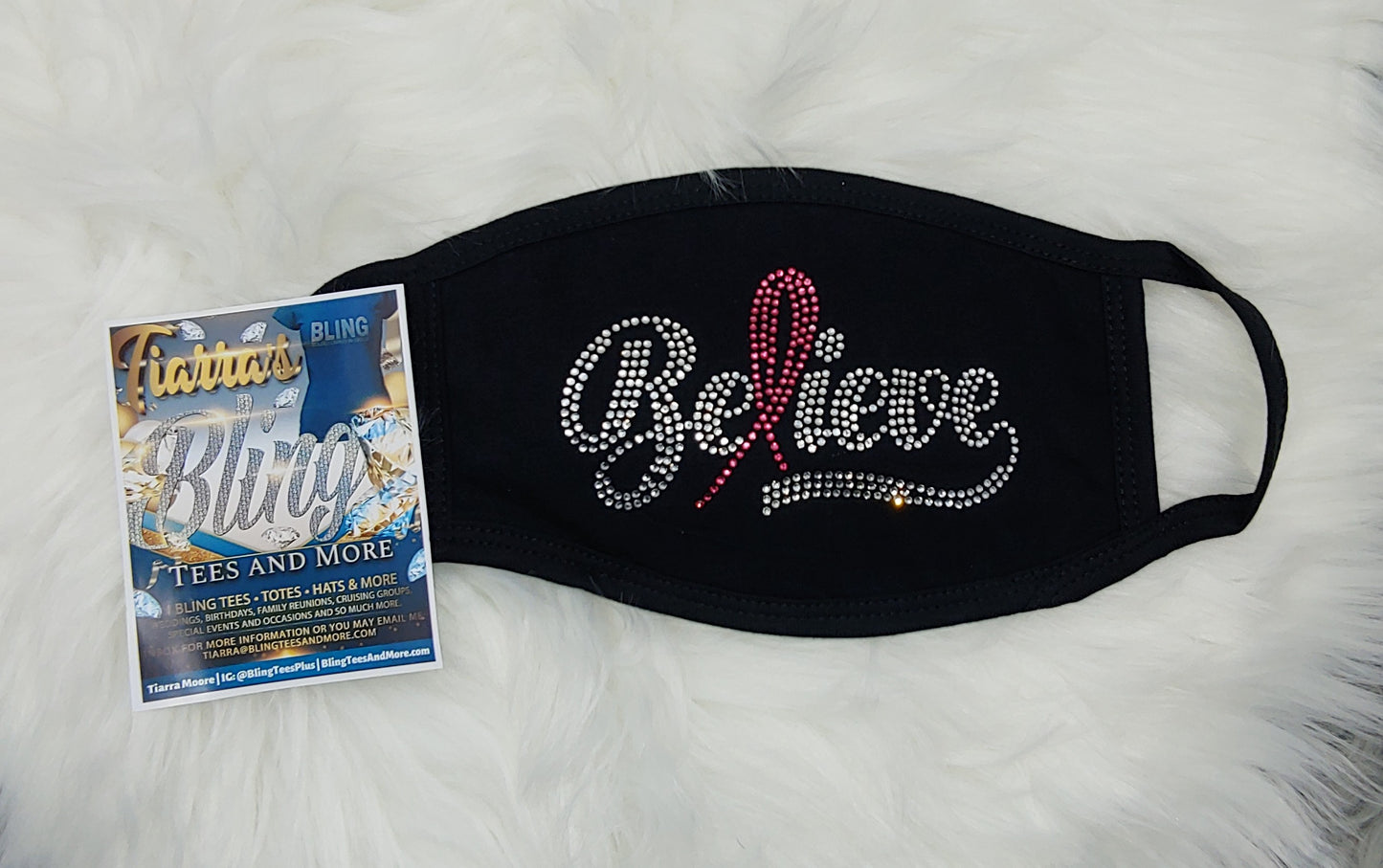 Rhinestone Believe Breast Cancer Ribbon Hat with Optional Matching Face Mask