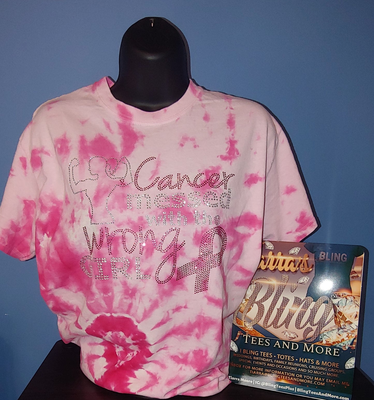 Pink Tie-Dye Cancer Messed With The Wrong Girl Rhinestone T-Shirt with Breast Cancer Ribbon