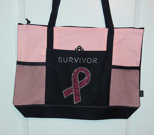 Rhinestone Breast Cancer Ribbon Survivor Tote Bag