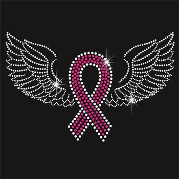 Breast Cancer Ribbon with Wings Rhinestone Transfer Size 11.3" x 7.4"