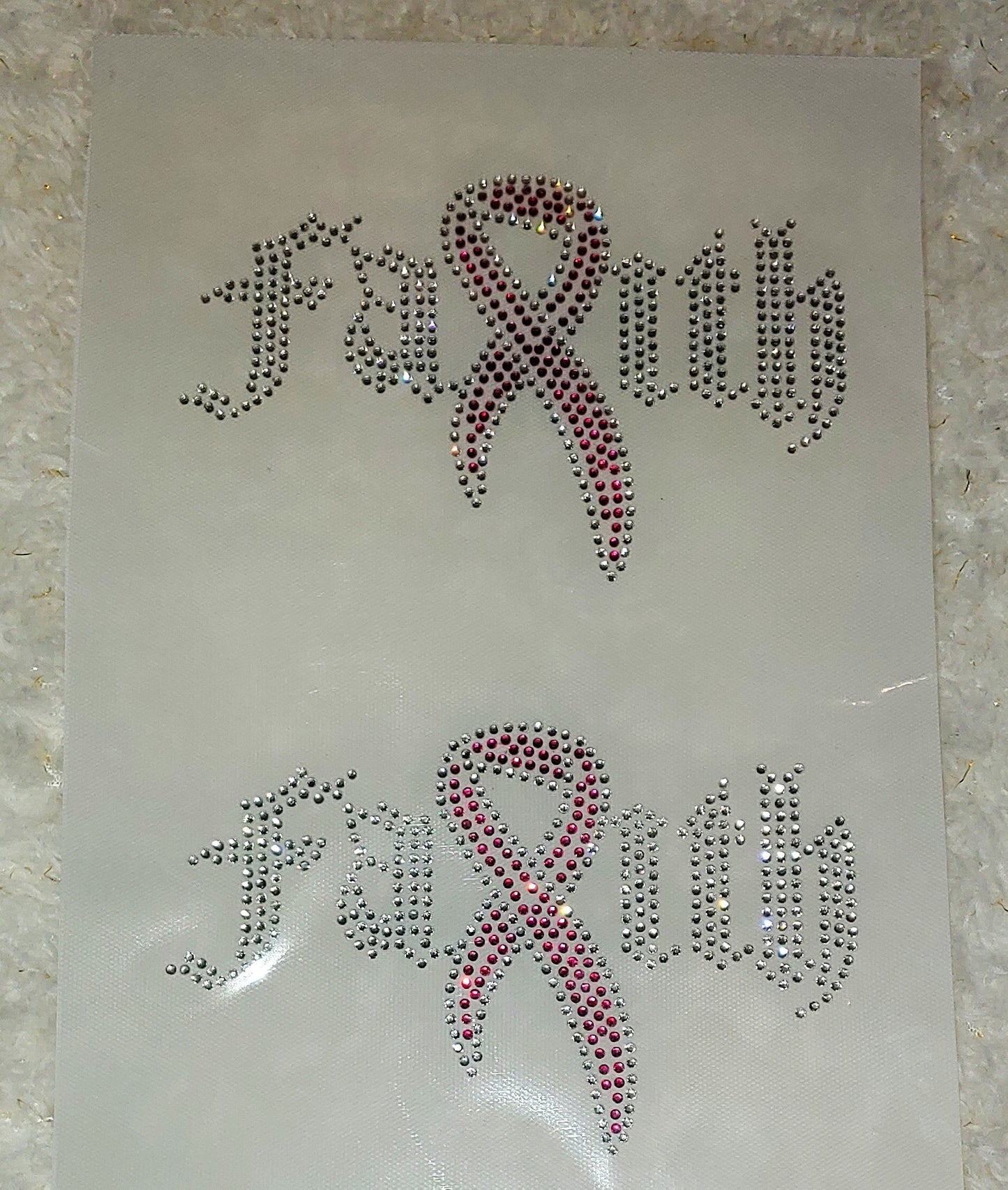 Faith Breast Cancer Ribbon Rhinestone Transfer Size 5" x 3.2." Comes 2 Per Sheet.