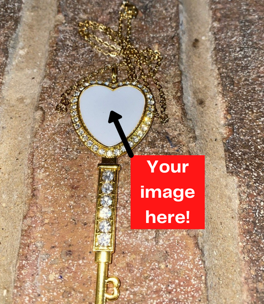 Custom Heart-Shaped Key Style Necklace with Rhinestone Trim and 22" Chain