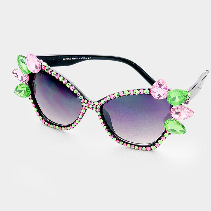 Pink and Green Crystal Teardrop Cat Eyes Sunglasses
