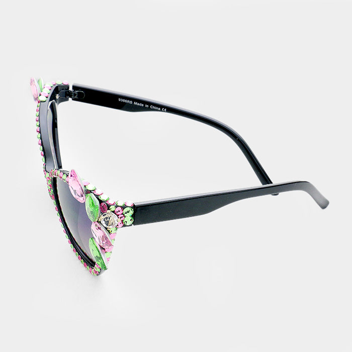 Pink and Green Crystal Teardrop Cat Eyes Sunglasses