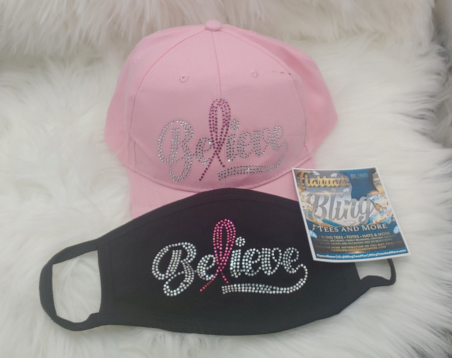 Rhinestone Believe Breast Cancer Ribbon Hat with Optional Matching Face Mask