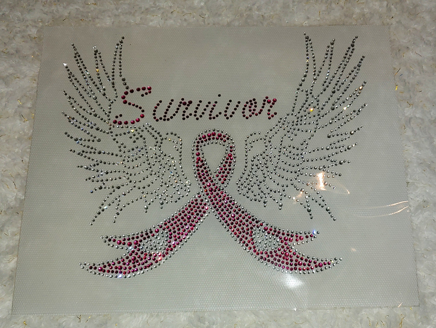 Survivor with Wings Breast Cancer Rhinestone Transfer Size 8" x 6.5"