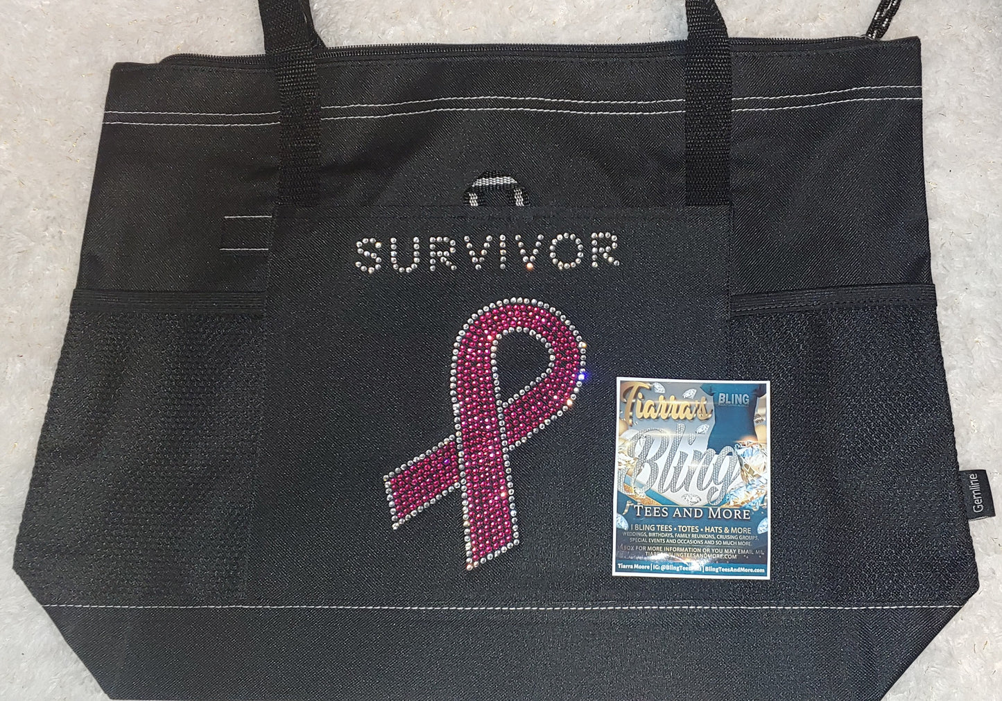 Rhinestone Breast Cancer Ribbon Survivor Tote Bag
