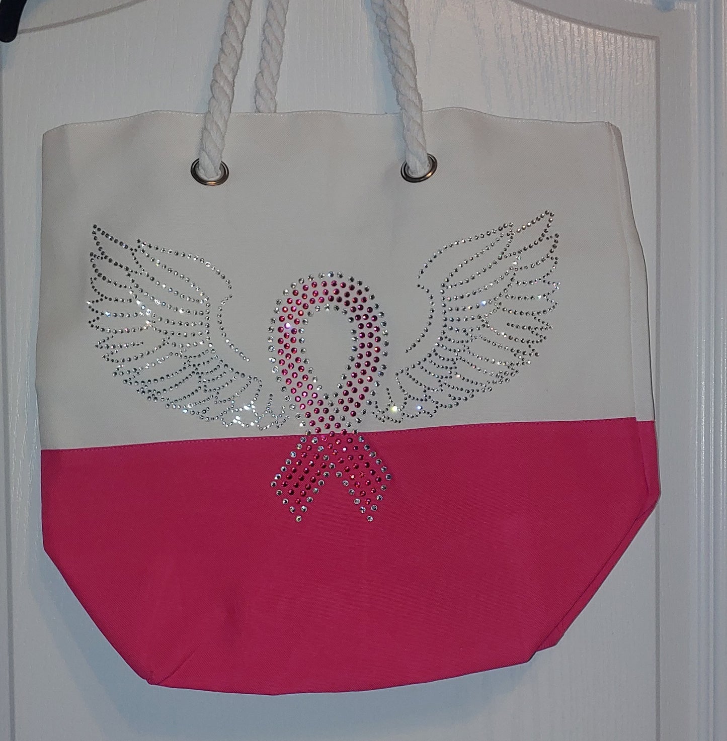 Rhinestone Breast Cancer Ribbon with Wings Beach-Style Tote