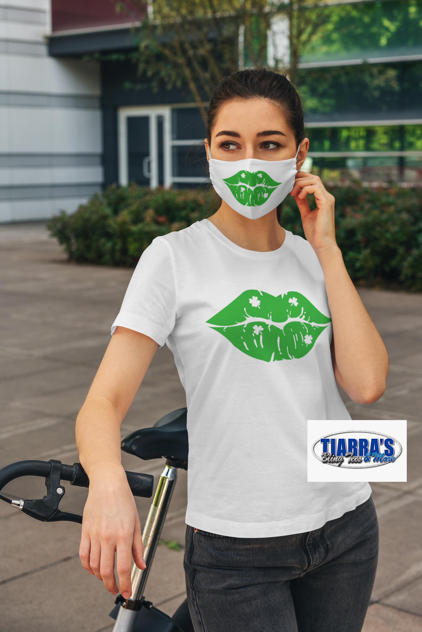 Green 3-Leaf Clover Lips T-Shirt w/ Optional Matching Mask