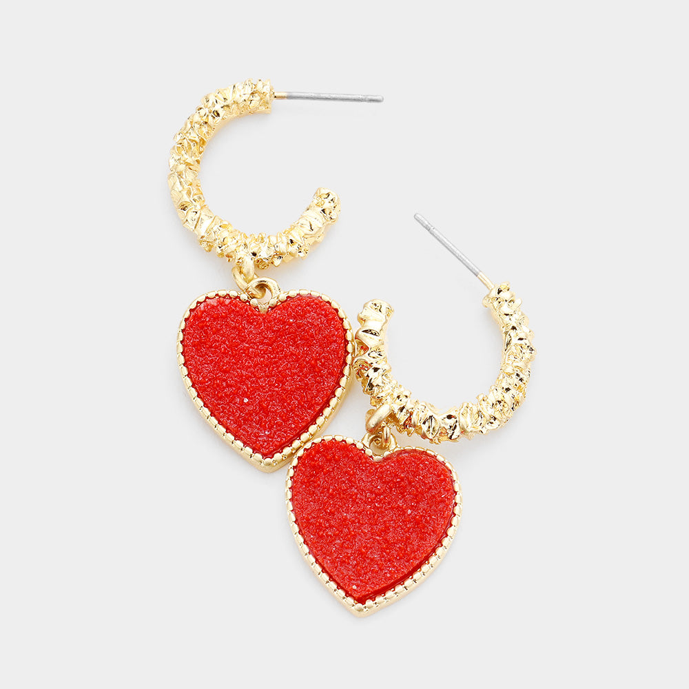Red Textured Metal Half Hoop Heart Dangle Earrings